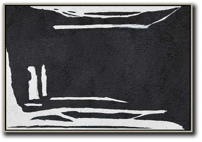 Big Canvas Painting,Hand Painted Oversized Horizontal Minimal Art On Canvas, Black And White Minimalist Painting,Large Abstract Wall Art #G7I4